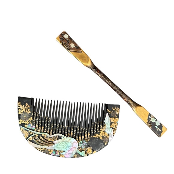 VTG Japanese Kushi Comb Hairpin Set Mother Of Pearl Decoration Some Damage main image 5